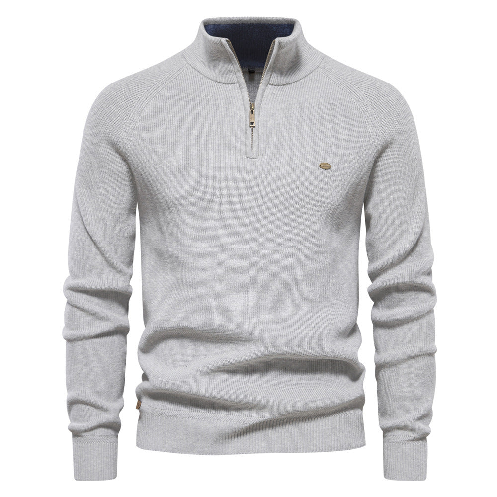Men's Zipper Stand Collar Knitted Sweater Fashion Slim Solid C