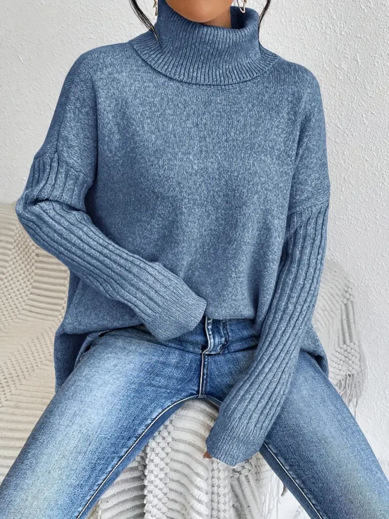 Irregular Turtleneck Sweater Winter Loose Long Sleeve Knitted Tops