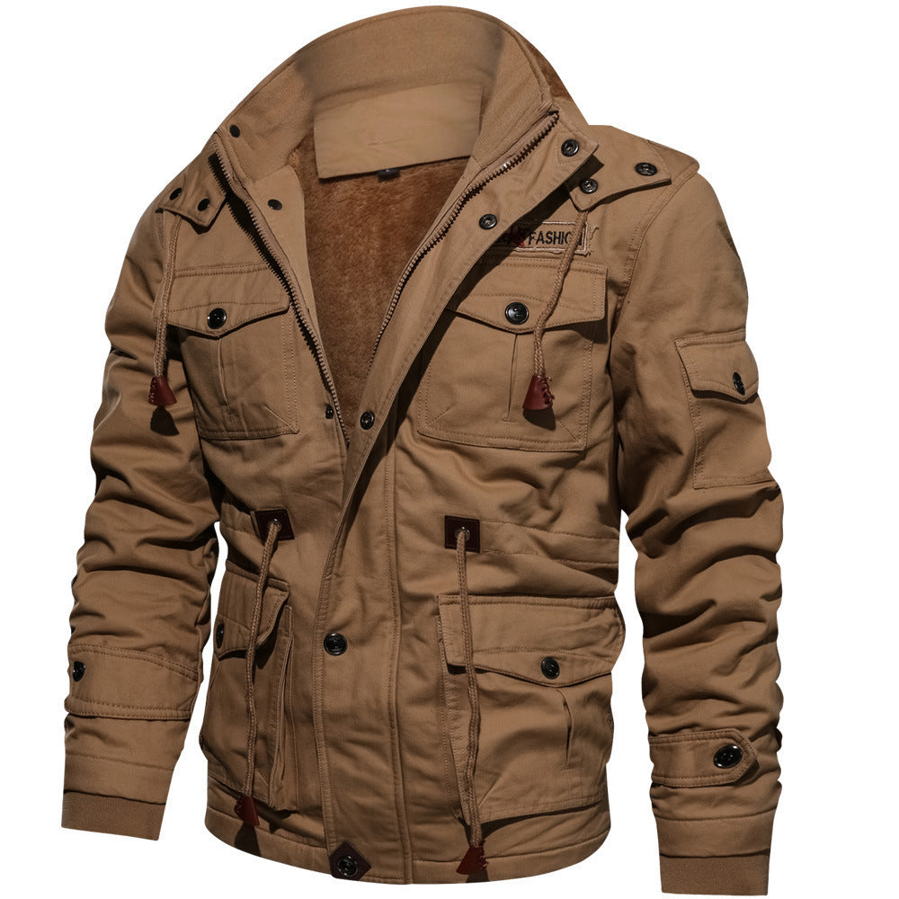 Winter Zip-up Coat Warm Thickened Detachable Hooded Jacket Multi-pocket