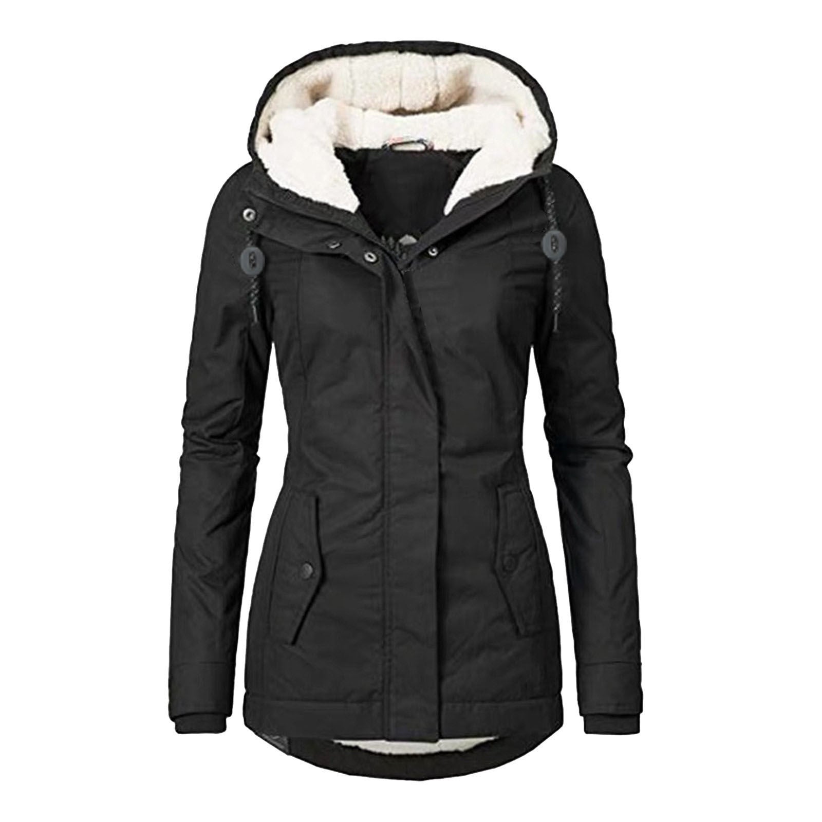 Winter Hooded Jacket Solid Color Warm Buckle Zip-up Fleece Jacket
