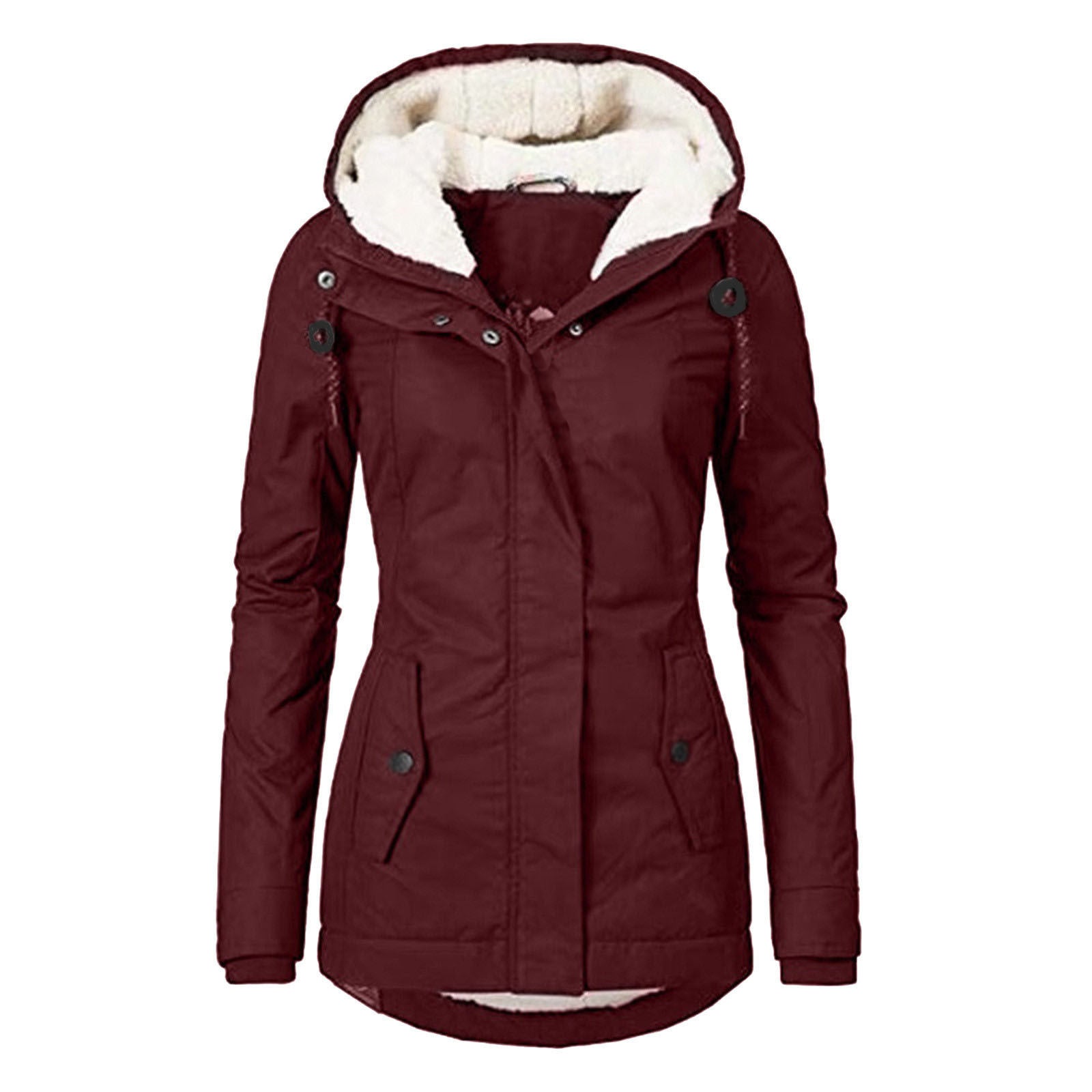 Winter Hooded Jacket Solid Color Warm Buckle Zip-up Fleece Jacket