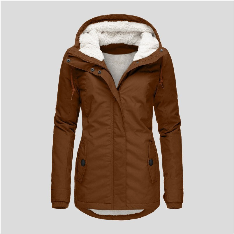 Winter Hooded Jacket Solid Color Warm Buckle Zip-up Fleece Jacket