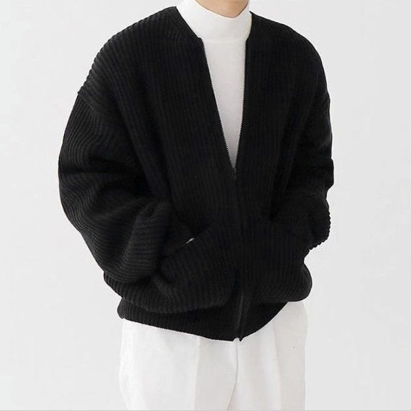 Men Zip Up Knitted Cardigan Lined Funnel Neck Jumper Sweater