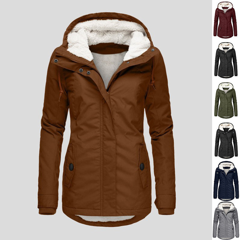 Winter Hooded Jacket Solid Color Warm Buckle Zip-up Fleece Jacket