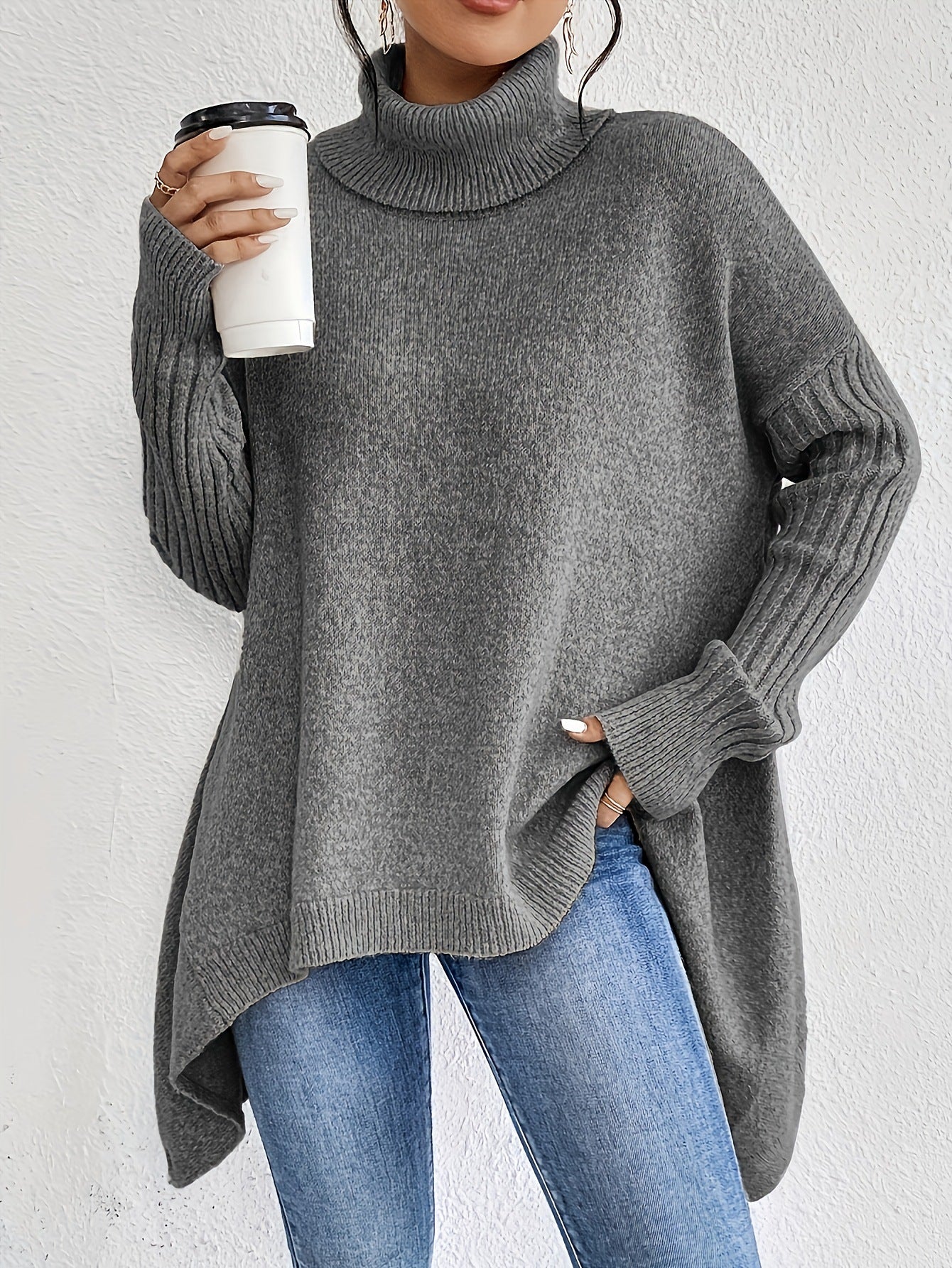 Irregular Turtleneck Sweater Winter Loose Long Sleeve Knitted Tops