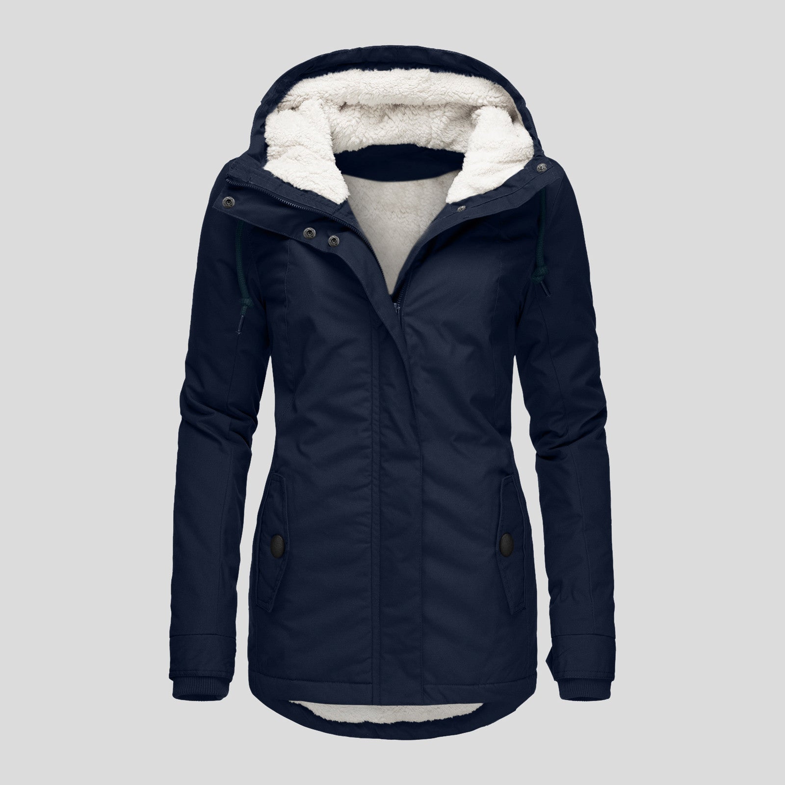 Winter Hooded Jacket Solid Color Warm Buckle Zip-up Fleece Jacket