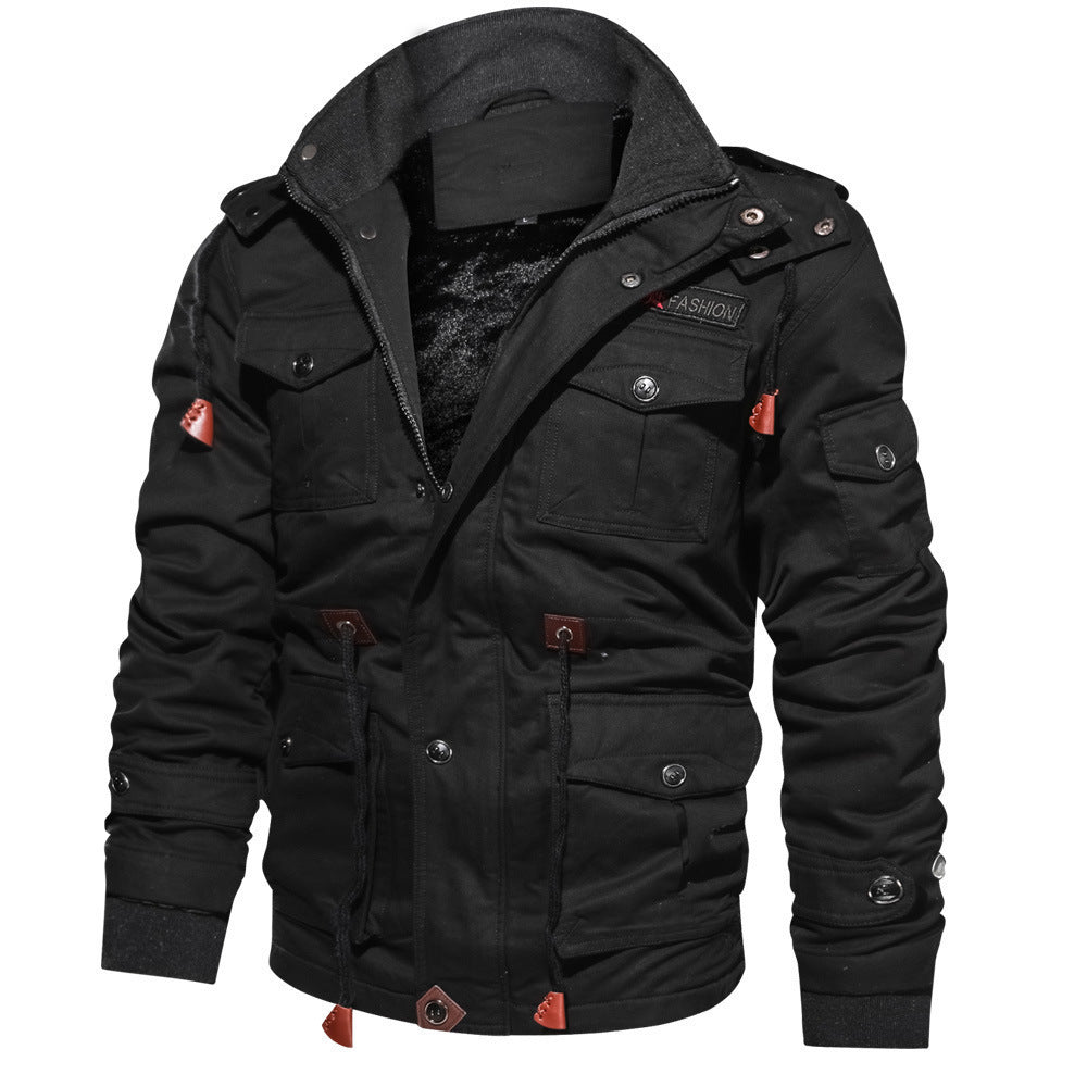Winter Zip-up Coat Warm Thickened Detachable Hooded Jacket Multi-pocket