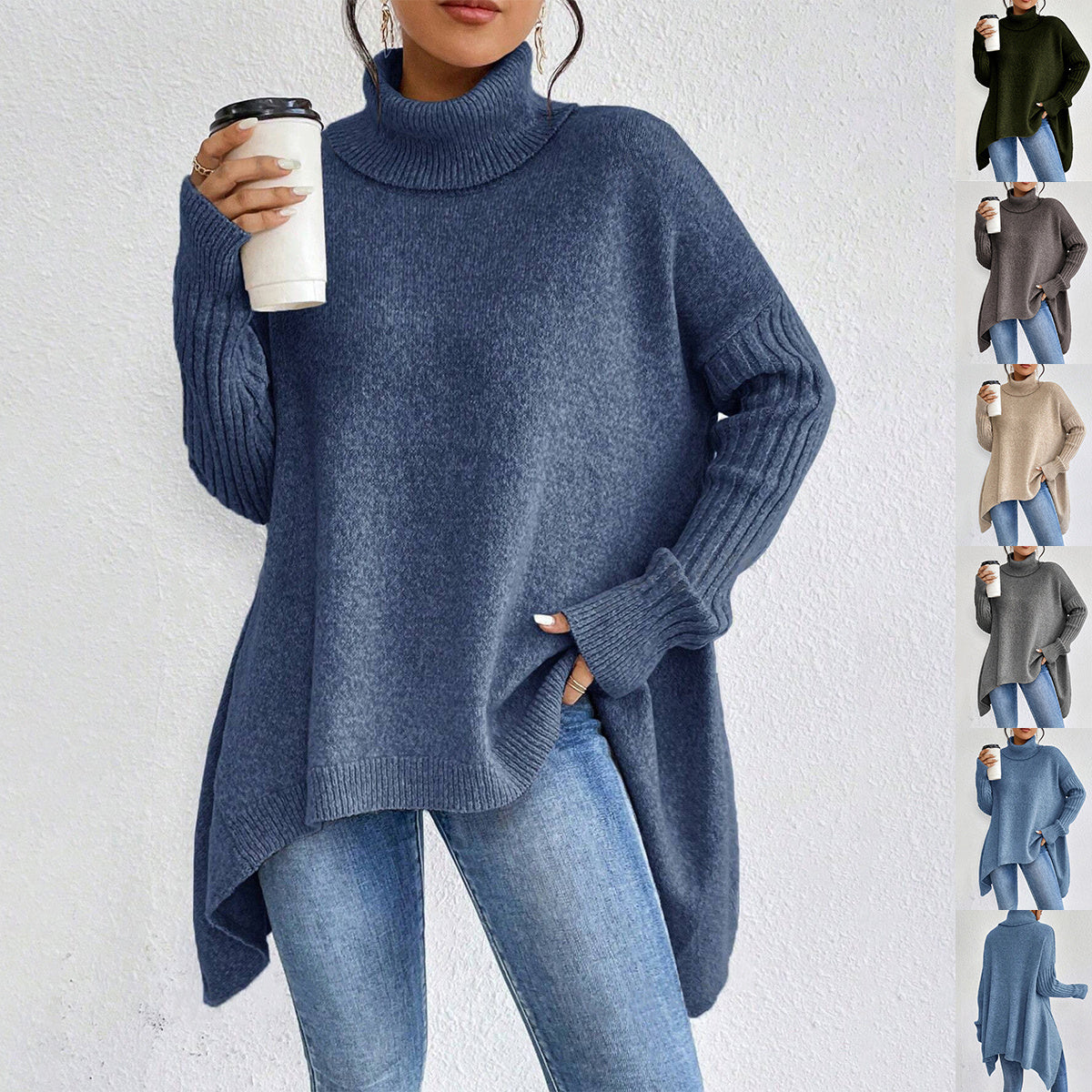 Irregular Turtleneck Sweater Winter Loose Long Sleeve Knitted Tops