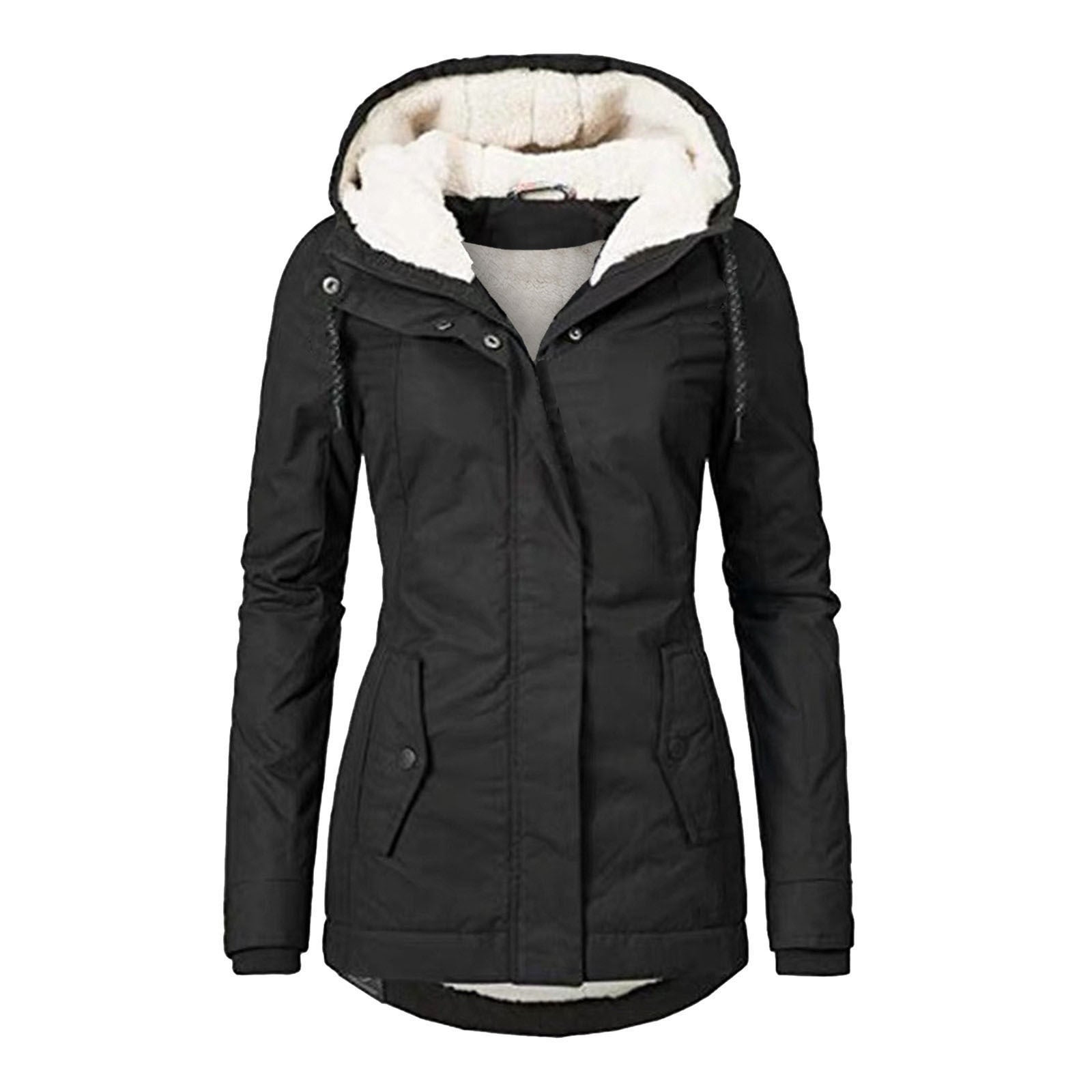 Winter Hooded Jacket Solid Color Warm Buckle Zip-up Fleece Jacket
