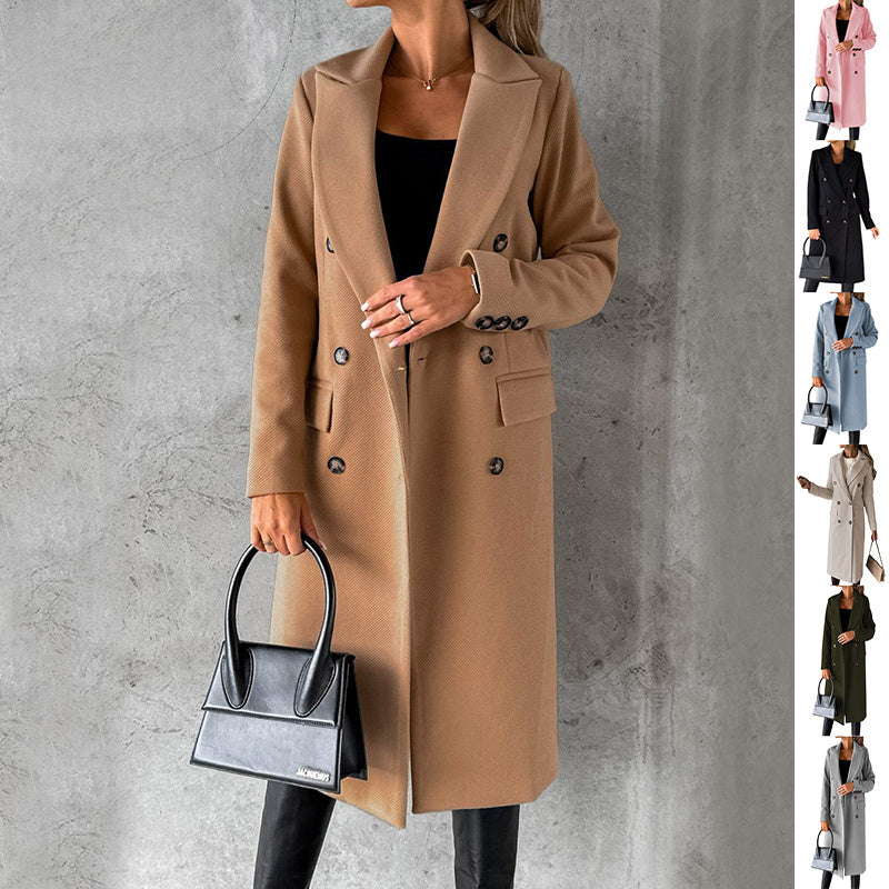 Double Breasted Lapel Coat Winter Fashion Solid Slim