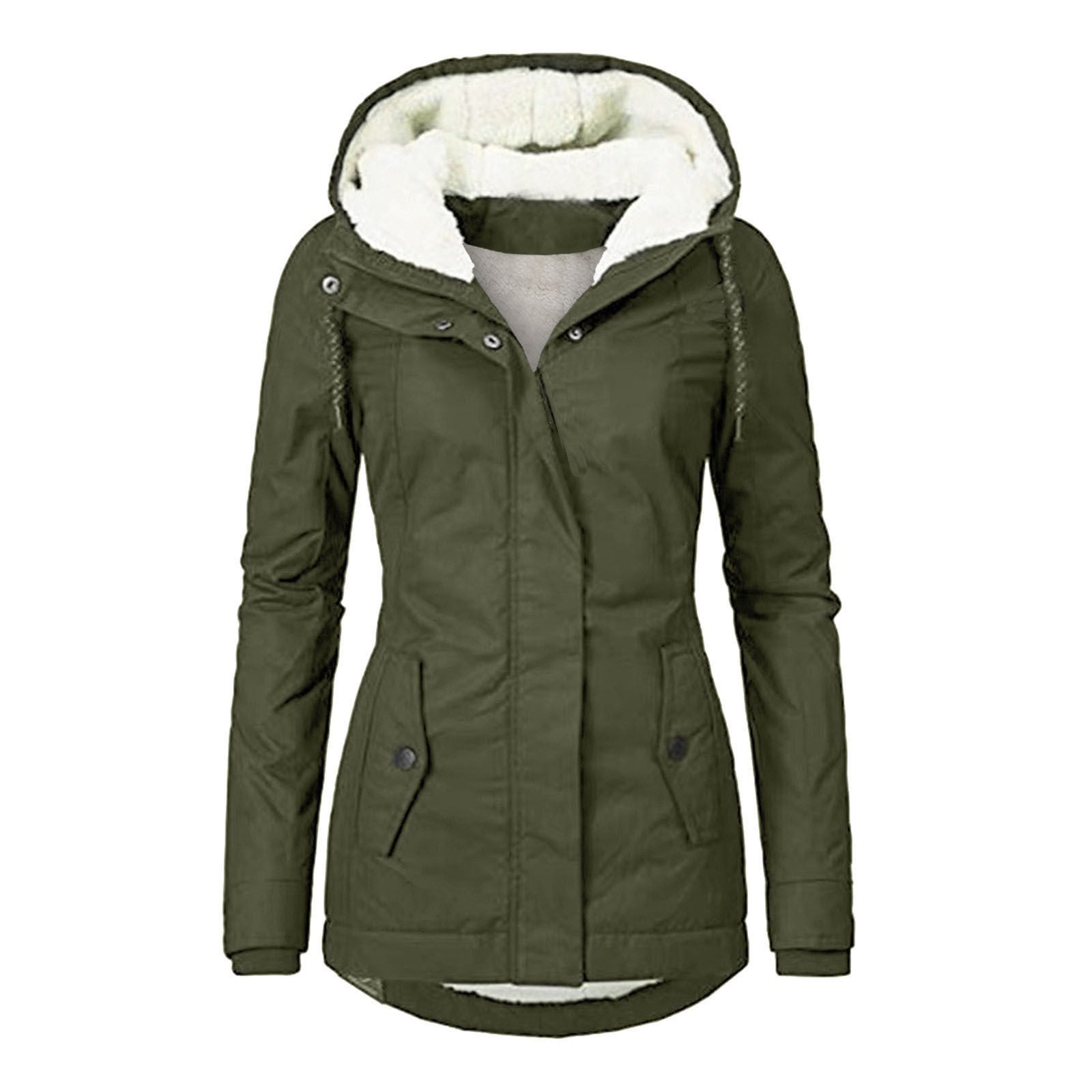 Winter Hooded Jacket Solid Color Warm Buckle Zip-up Fleece Jacket