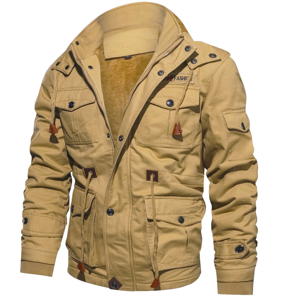 Winter Zip-up Coat Warm Thickened Detachable Hooded Jacket Multi-pocket