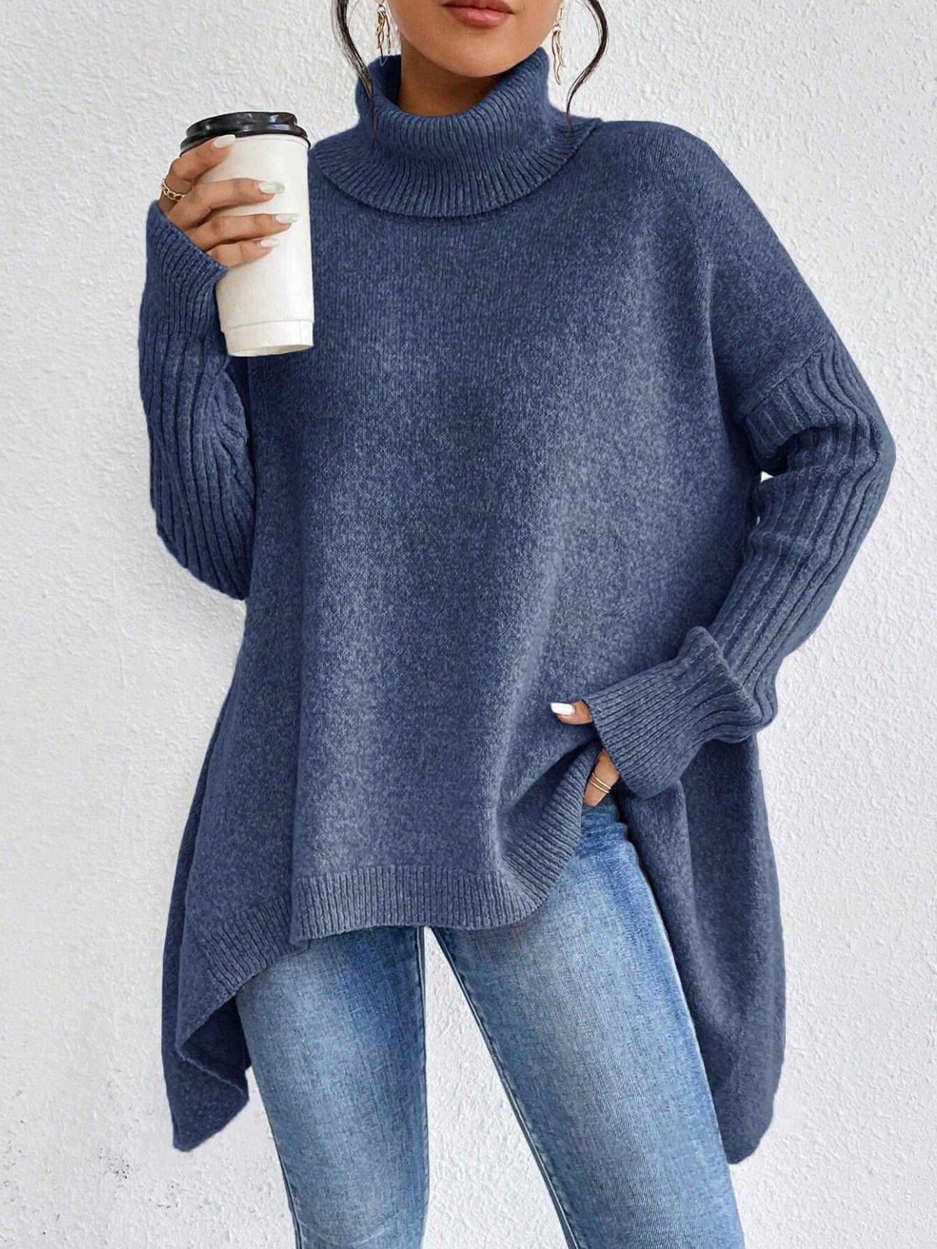 Irregular Turtleneck Sweater Winter Loose Long Sleeve Knitted Tops