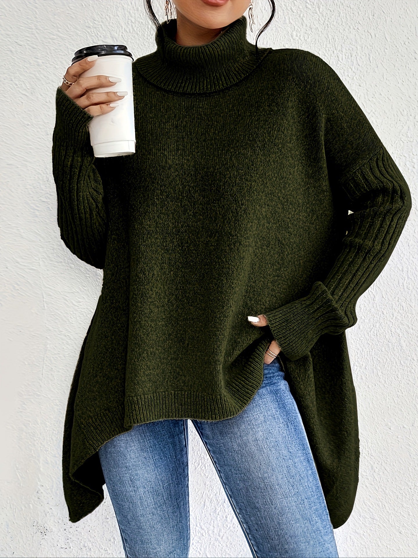 Irregular Turtleneck Sweater Winter Loose Long Sleeve Knitted Tops