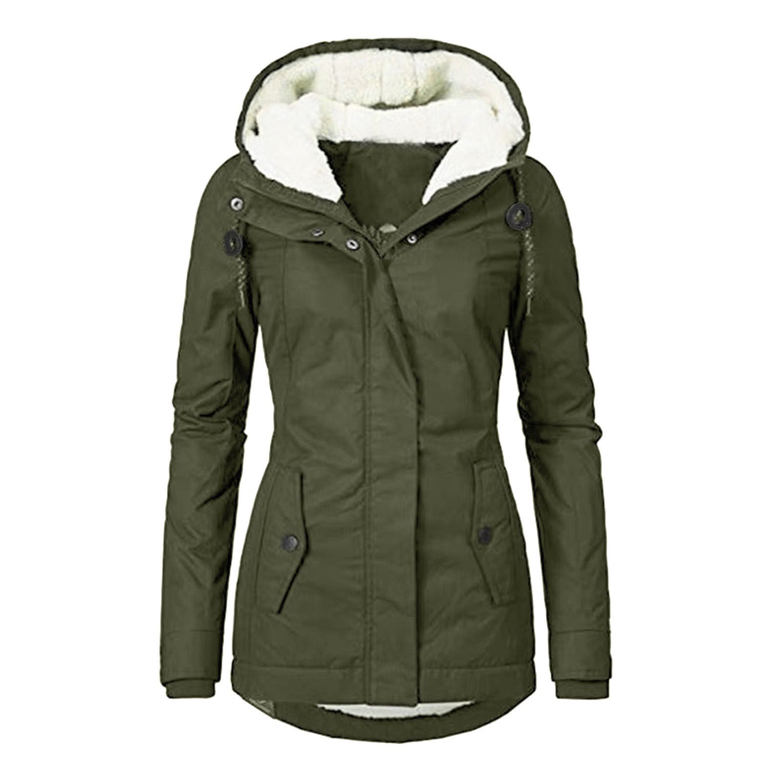 Winter Hooded Jacket Solid Color Warm Buckle Zip-up Fleece Jacket