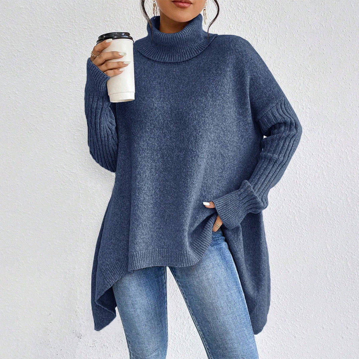 Irregular Turtleneck Sweater Winter Loose Long Sleeve Knitted Tops