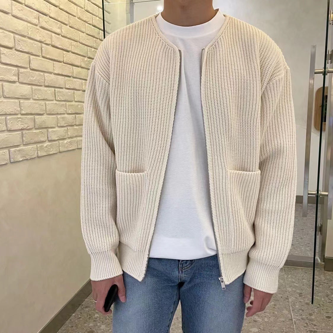 Men Zip Up Knitted Cardigan Lined Funnel Neck Jumper Sweater