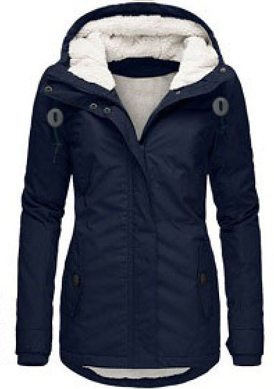 Winter Hooded Jacket Solid Color Warm Buckle Zip-up Fleece Jacket