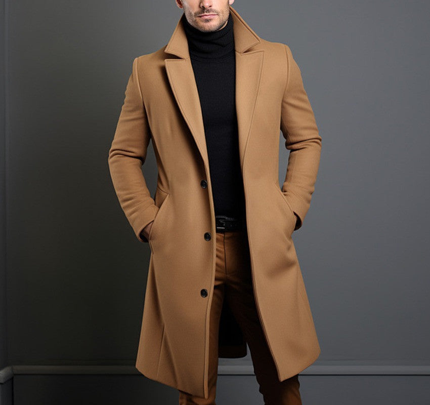 Men's Mid-length Trench Coat Fall Winter Slim Pockets Single-breasted