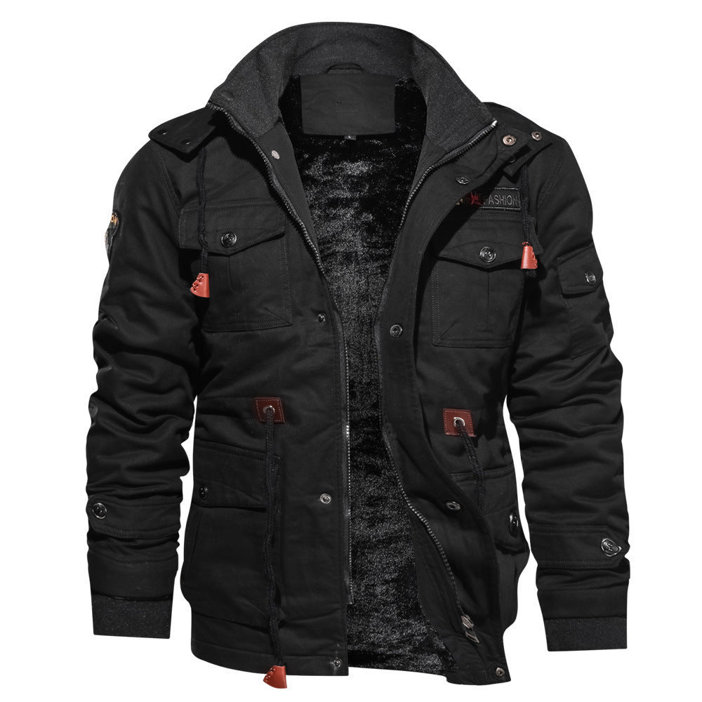 Winter Zip-up Coat Warm Thickened Detachable Hooded Jacket Multi-pocket