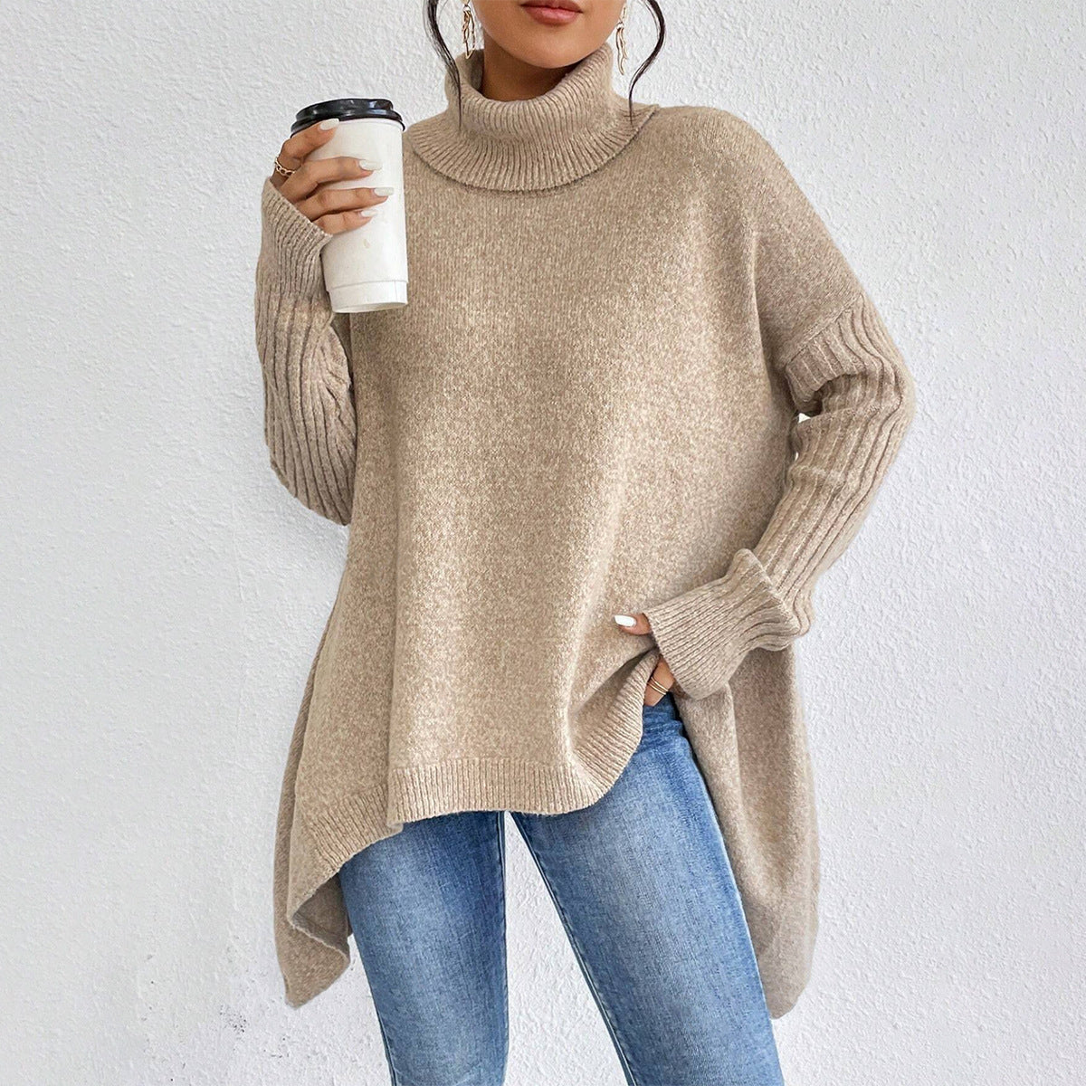 Irregular Turtleneck Sweater Winter Loose Long Sleeve Knitted Tops