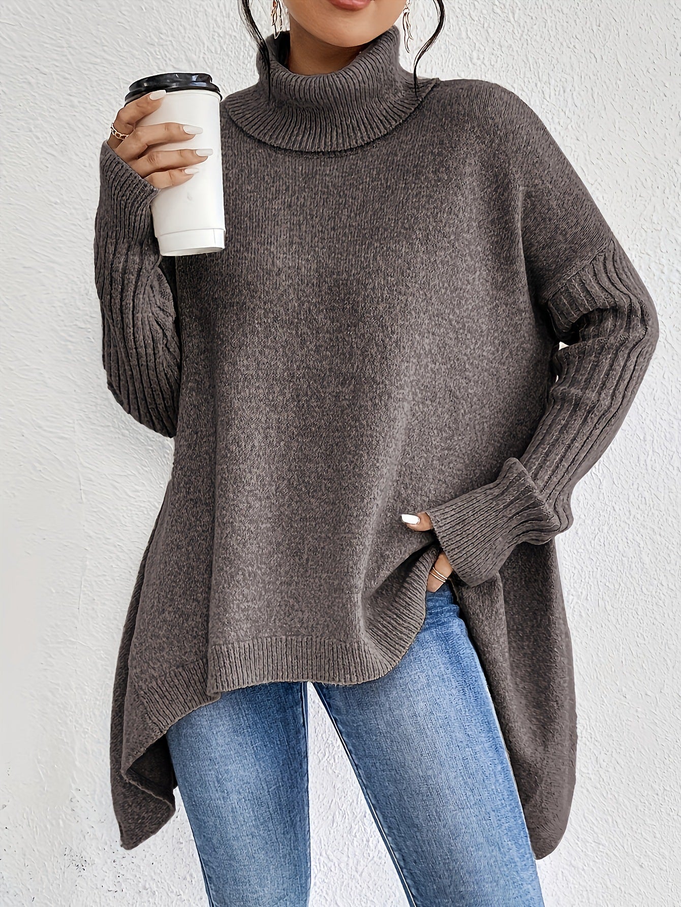 Irregular Turtleneck Sweater Winter Loose Long Sleeve Knitted Tops