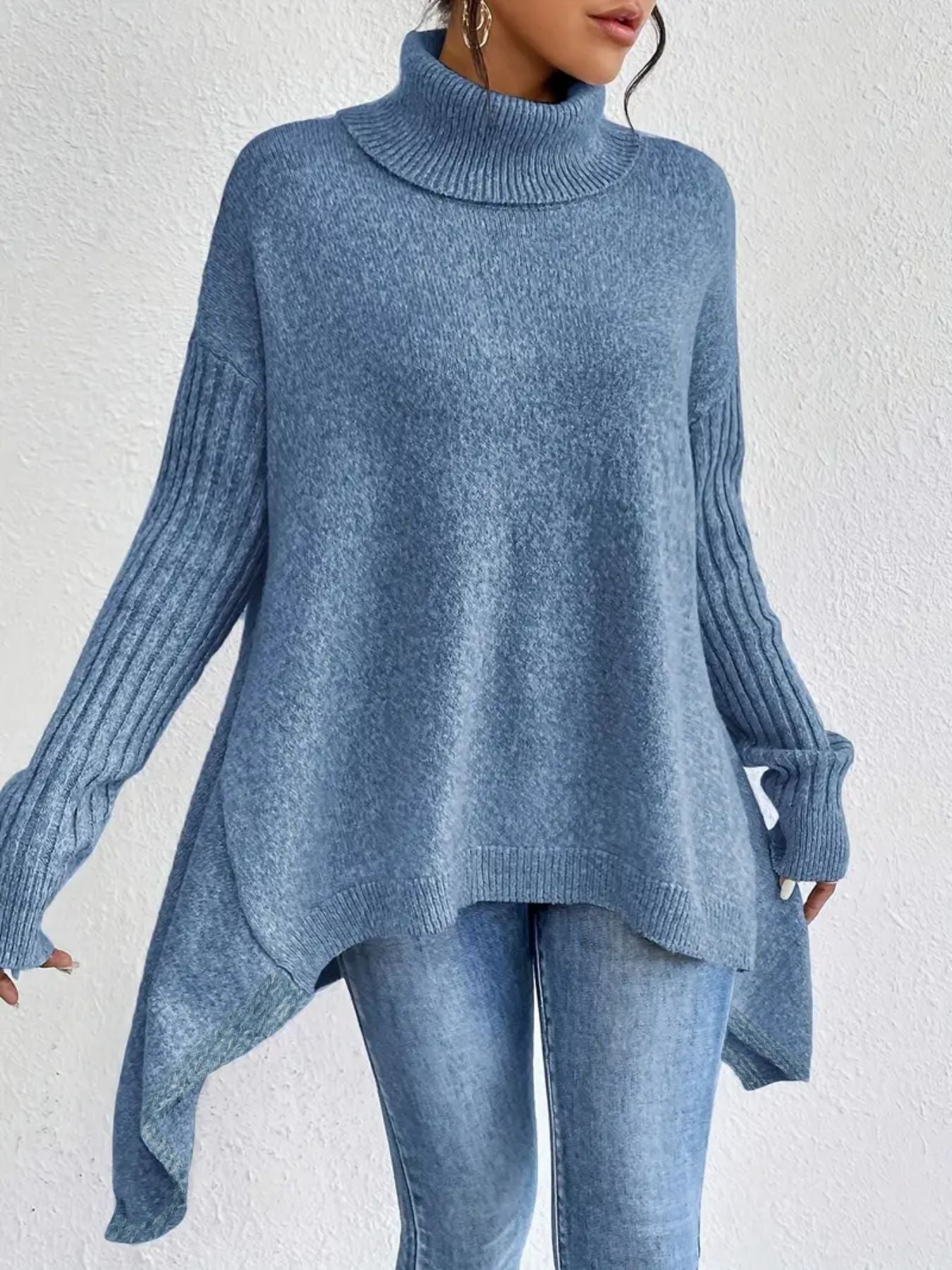 Irregular Turtleneck Sweater Winter Loose Long Sleeve Knitted Tops