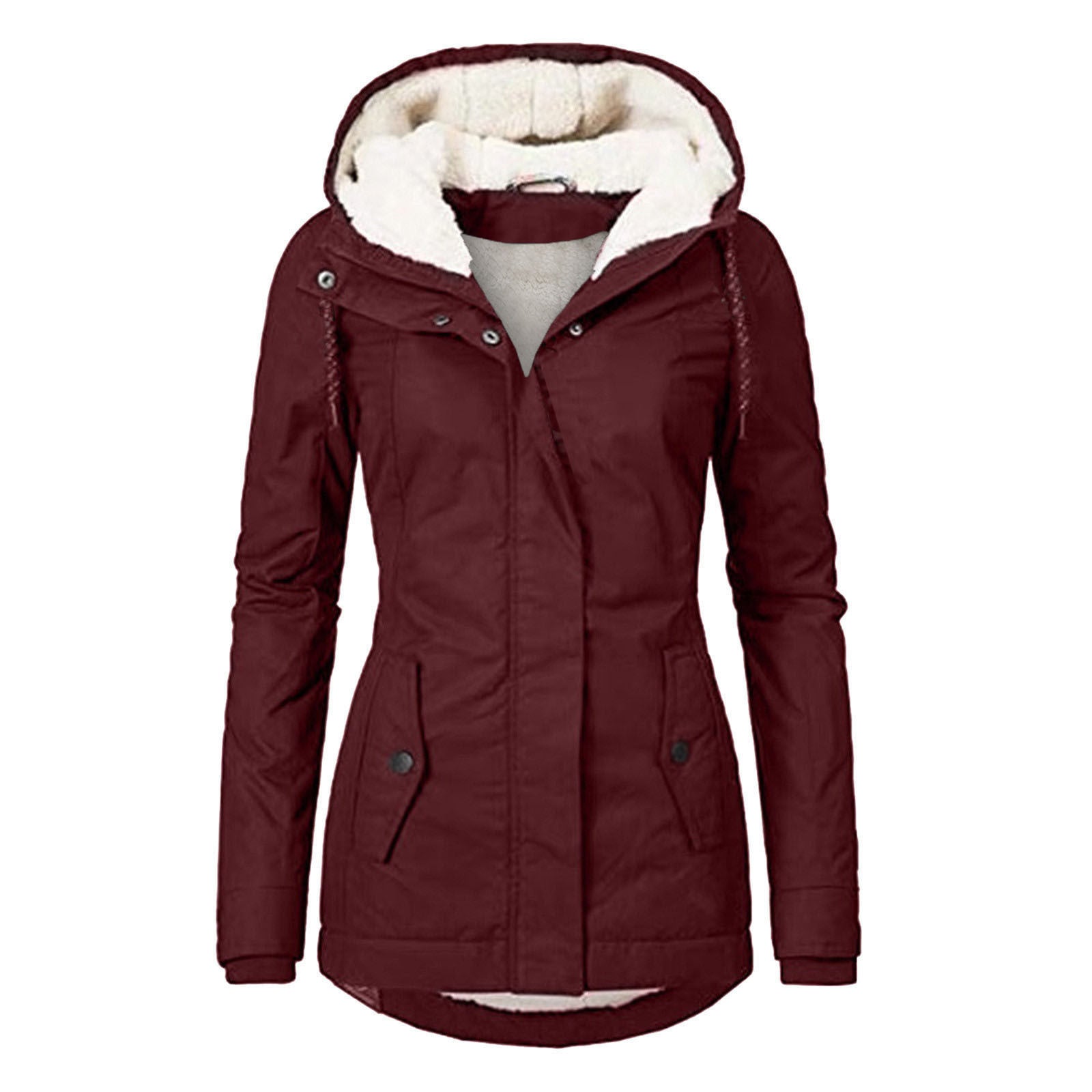 Winter Hooded Jacket Solid Color Warm Buckle Zip-up Fleece Jacket