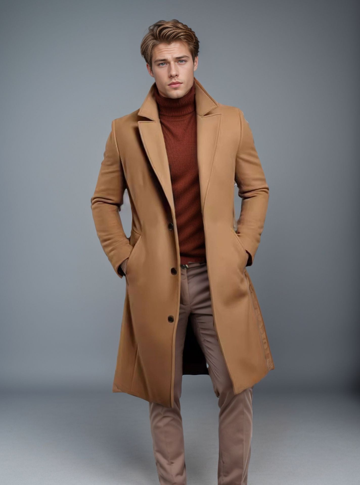 Men's Mid-length Trench Coat Fall Winter Slim Pockets Single-breasted