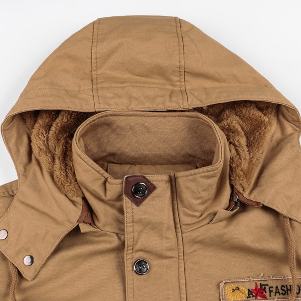 Winter Zip-up Coat Warm Thickened Detachable Hooded Jacket Multi-pocket