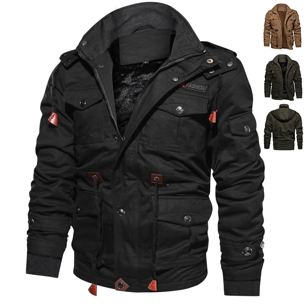 Winter Zip-up Coat Warm Thickened Detachable Hooded Jacket Multi-pocket