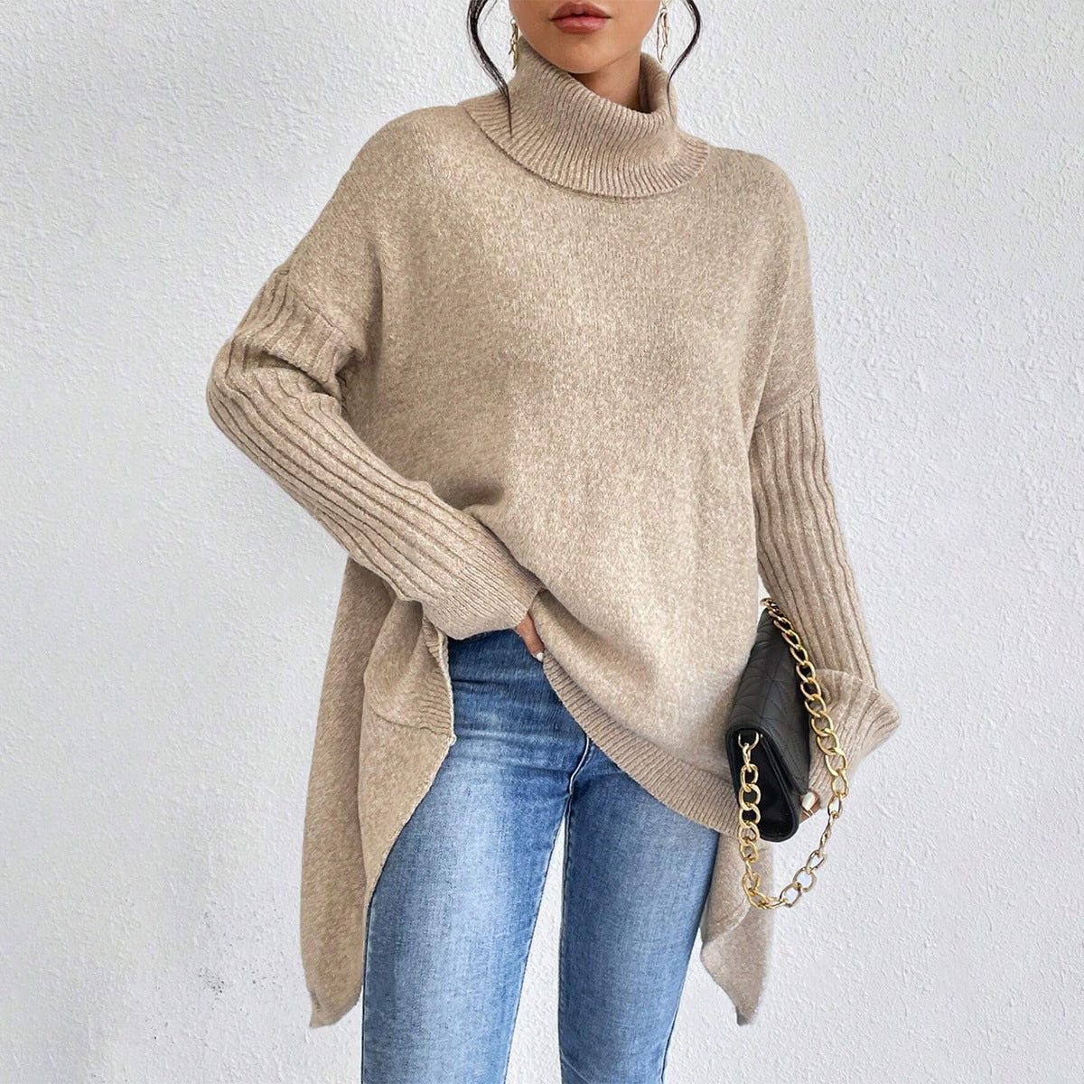 Irregular Turtleneck Sweater Winter Loose Long Sleeve Knitted Tops