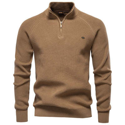 Men's Zipper Stand Collar Knitted Sweater Fashion Slim Solid C