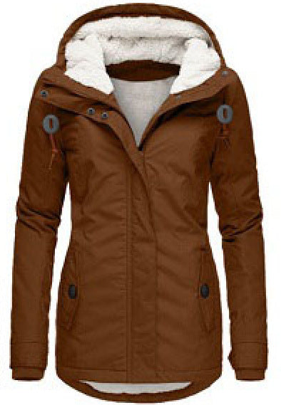 Winter Hooded Jacket Solid Color Warm Buckle Zip-up Fleece Jacket