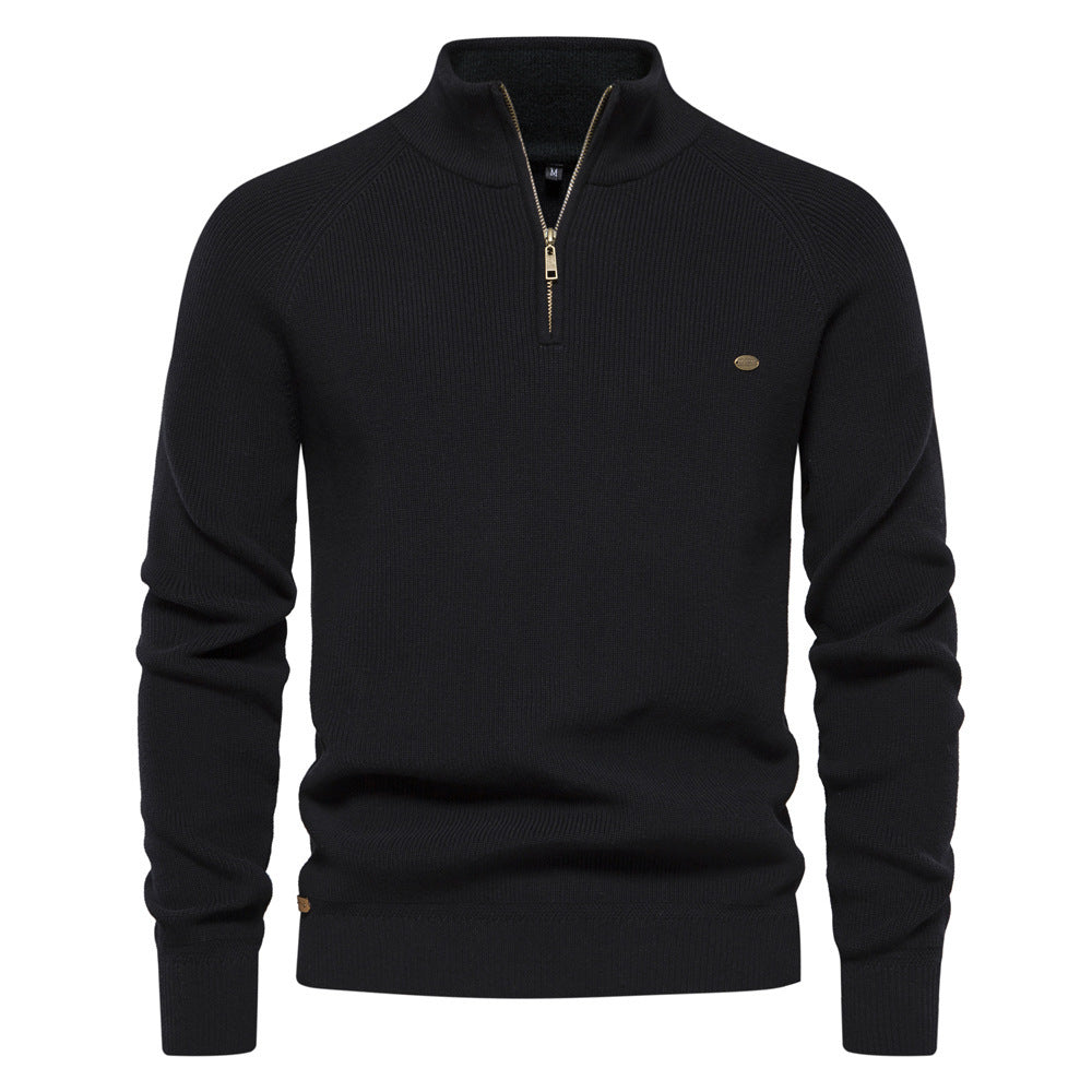 Men's Zipper Stand Collar Knitted Sweater Fashion Slim Solid C