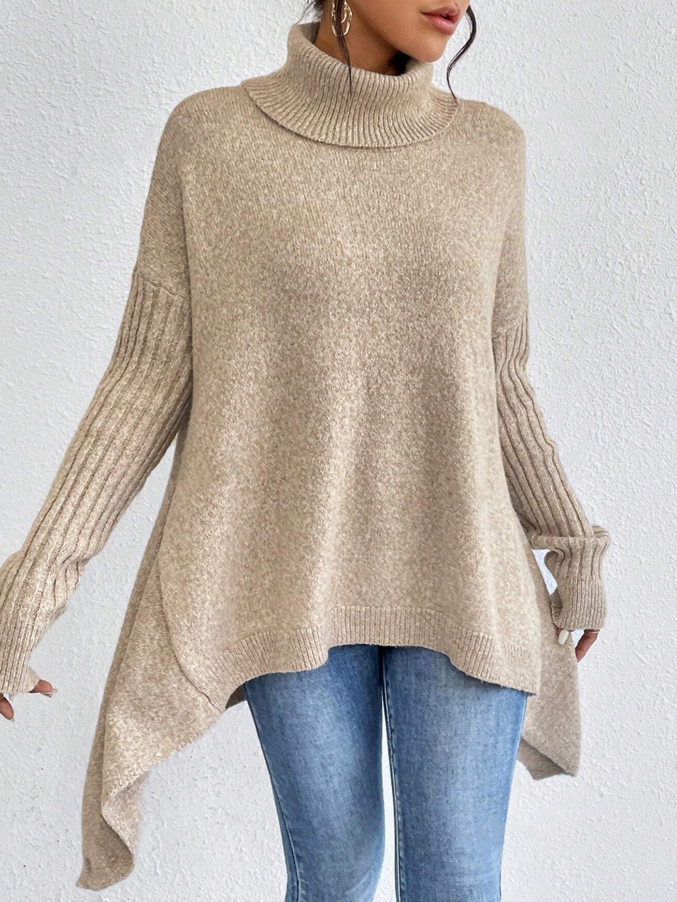 Irregular Turtleneck Sweater Winter Loose Long Sleeve Knitted Tops